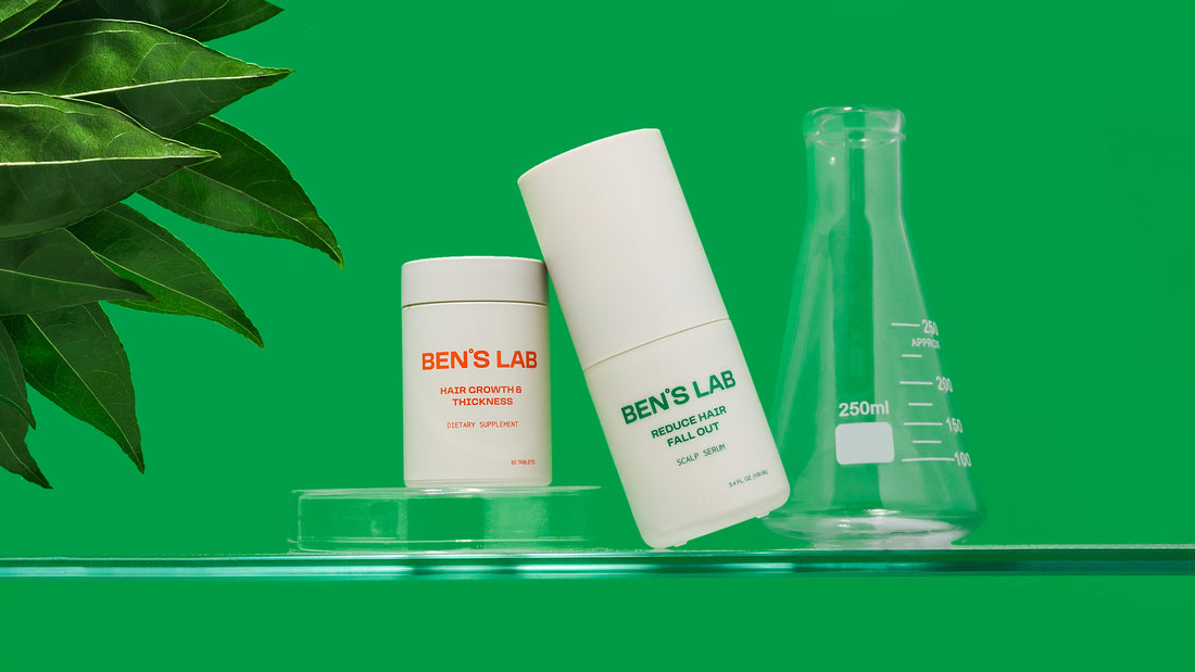 Ben's Lab Hair Supplement and Scalp Serum Bottles on glass shelf
